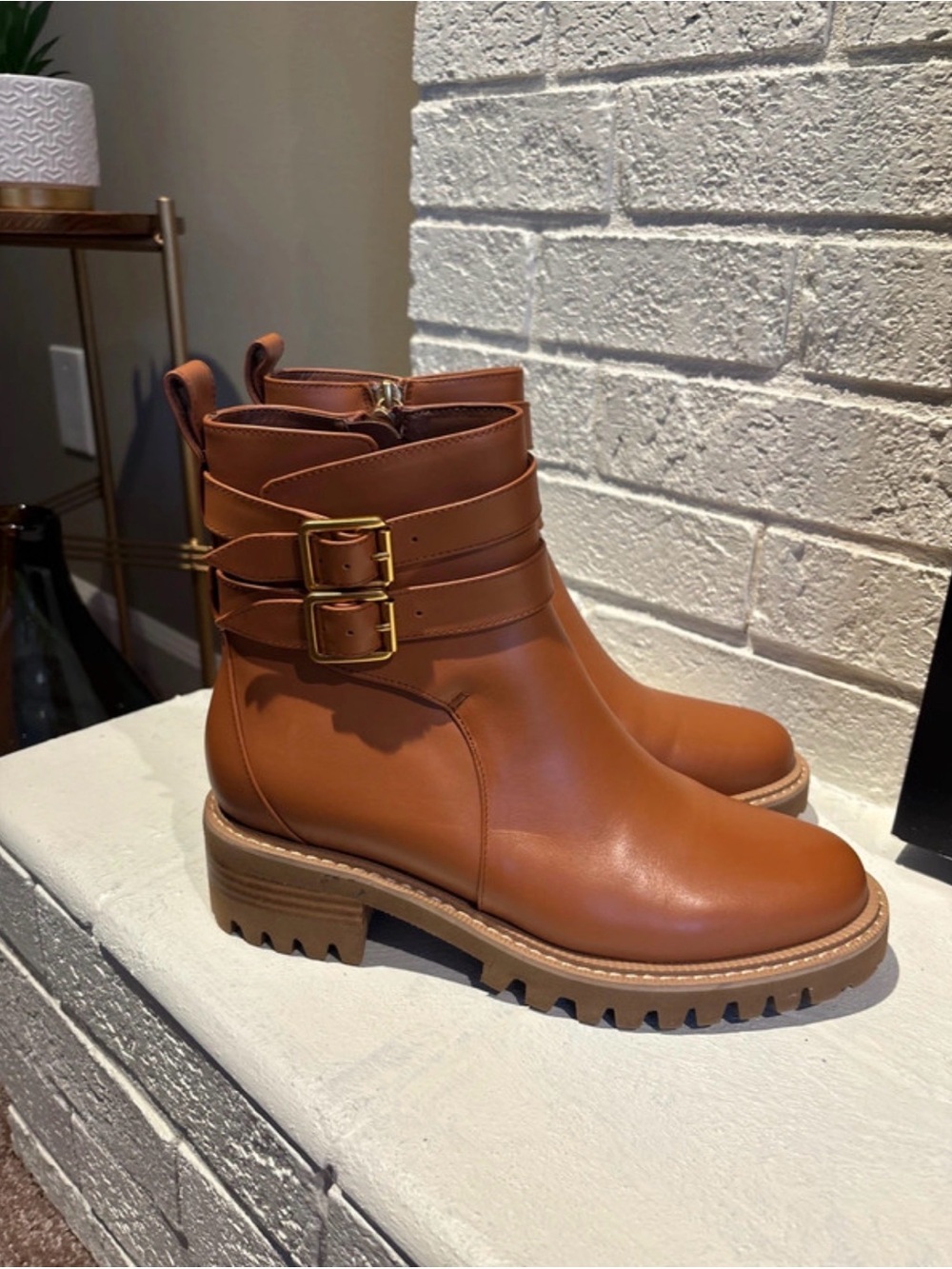 AEROSOLES Cognac Brown Leather Double-Buckle Ankle Boots